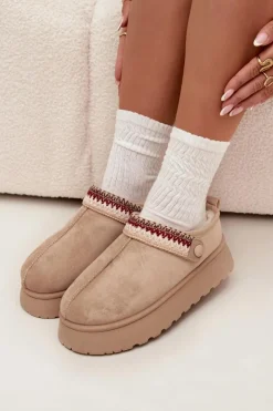 Hot Śniegowce Damskie Niskie Z Ruchomym Paskiem I Haftem Na Platformie Jasnobeżowe Lyrisse Damskie Śniegowce Damskie|Kapcie Klasyczne