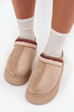 Hot Śniegowce Damskie Niskie Z Ruchomym Paskiem I Haftem Na Platformie Jasnobeżowe Lyrisse Damskie Śniegowce Damskie|Kapcie Klasyczne