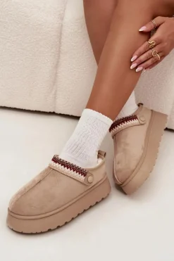 Hot Śniegowce Damskie Niskie Z Ruchomym Paskiem I Haftem Na Platformie Jasnobeżowe Lyrisse Damskie Śniegowce Damskie|Kapcie Klasyczne