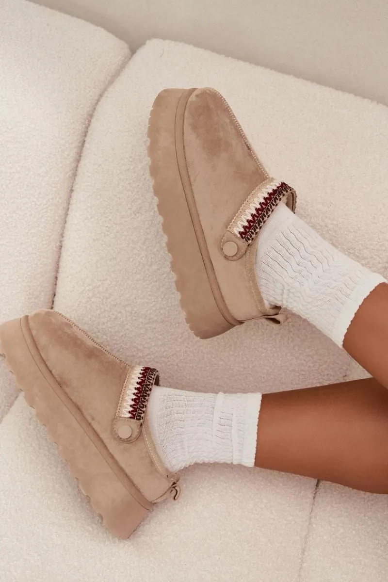 Hot Śniegowce Damskie Niskie Z Ruchomym Paskiem I Haftem Na Platformie Jasnobeżowe Lyrisse Damskie Śniegowce Damskie|Kapcie Klasyczne