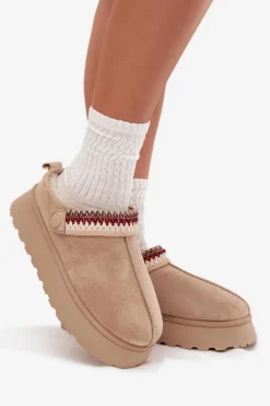 Hot Śniegowce Damskie Niskie Z Ruchomym Paskiem I Haftem Na Platformie Jasnobeżowe Lyrisse Damskie Śniegowce Damskie|Kapcie Klasyczne