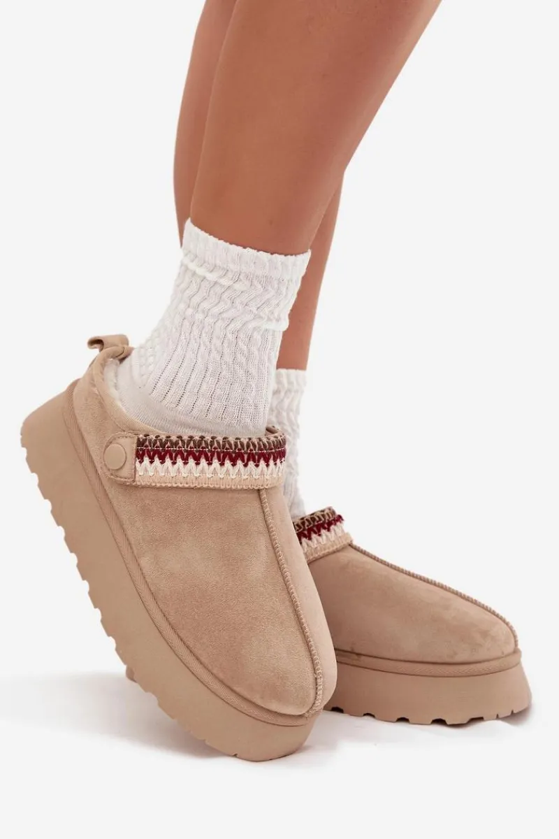 Hot Śniegowce Damskie Niskie Z Ruchomym Paskiem I Haftem Na Platformie Jasnobeżowe Lyrisse Damskie Śniegowce Damskie|Kapcie Klasyczne