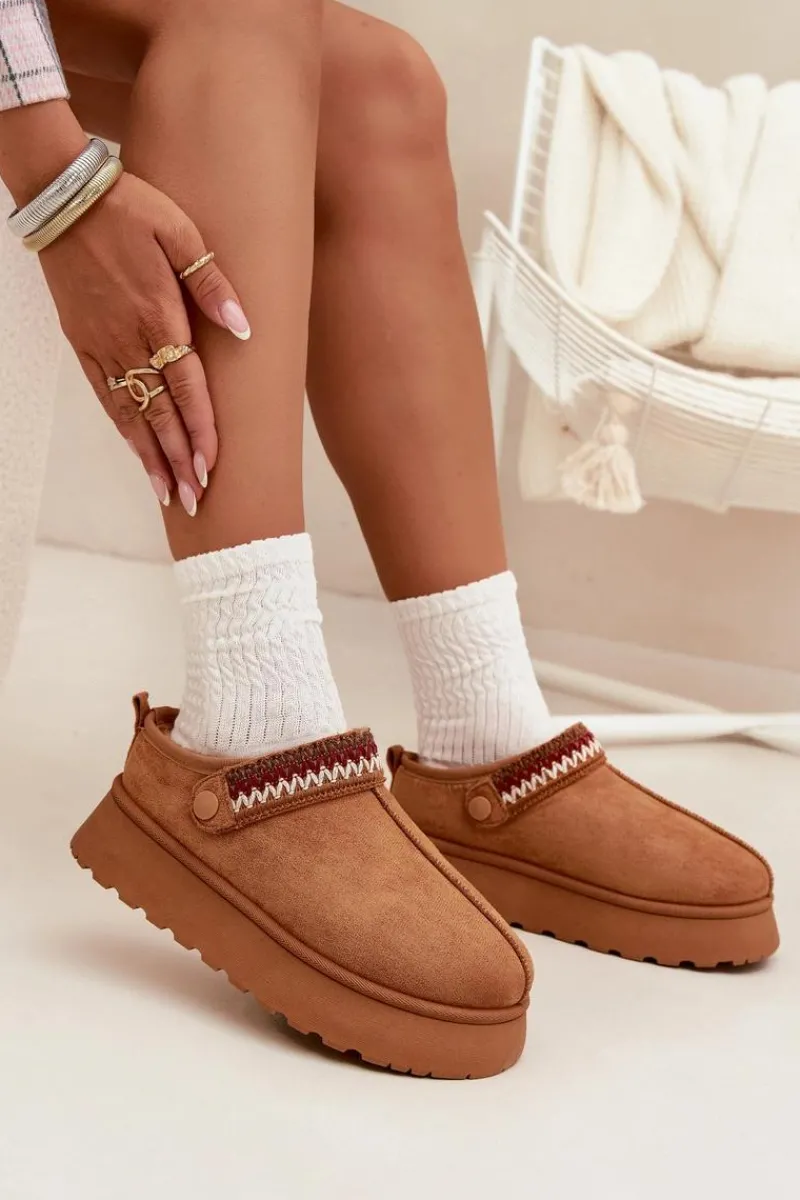 Śniegowce Damskie|Kapcie Klasyczne>Boto Śniegowce Damskie Niskie Z Ruchomym Paskiem I Haftem Na Platformie Camel Lyrisse Brązowy