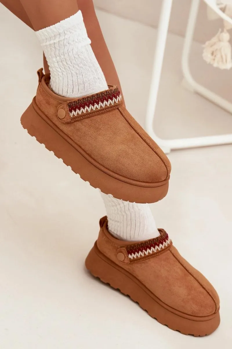 Śniegowce Damskie|Kapcie Klasyczne>Boto Śniegowce Damskie Niskie Z Ruchomym Paskiem I Haftem Na Platformie Camel Lyrisse Brązowy