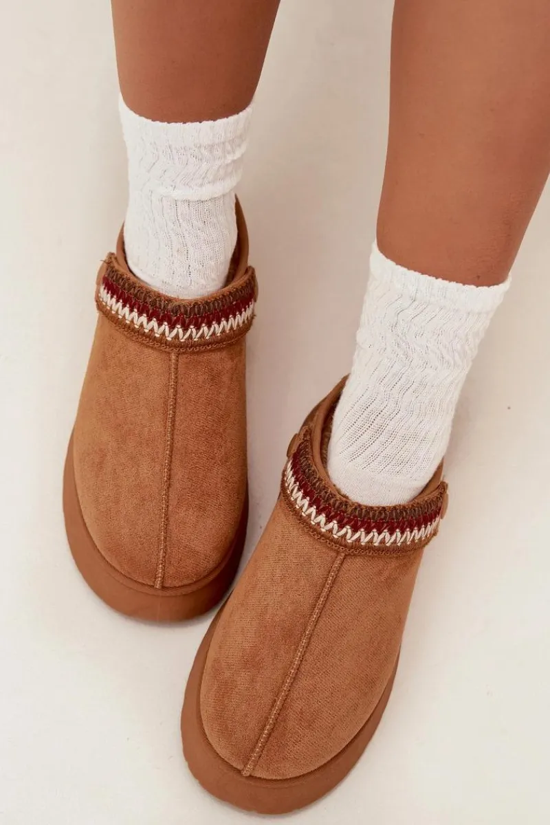 Śniegowce Damskie|Kapcie Klasyczne>Boto Śniegowce Damskie Niskie Z Ruchomym Paskiem I Haftem Na Platformie Camel Lyrisse Brązowy