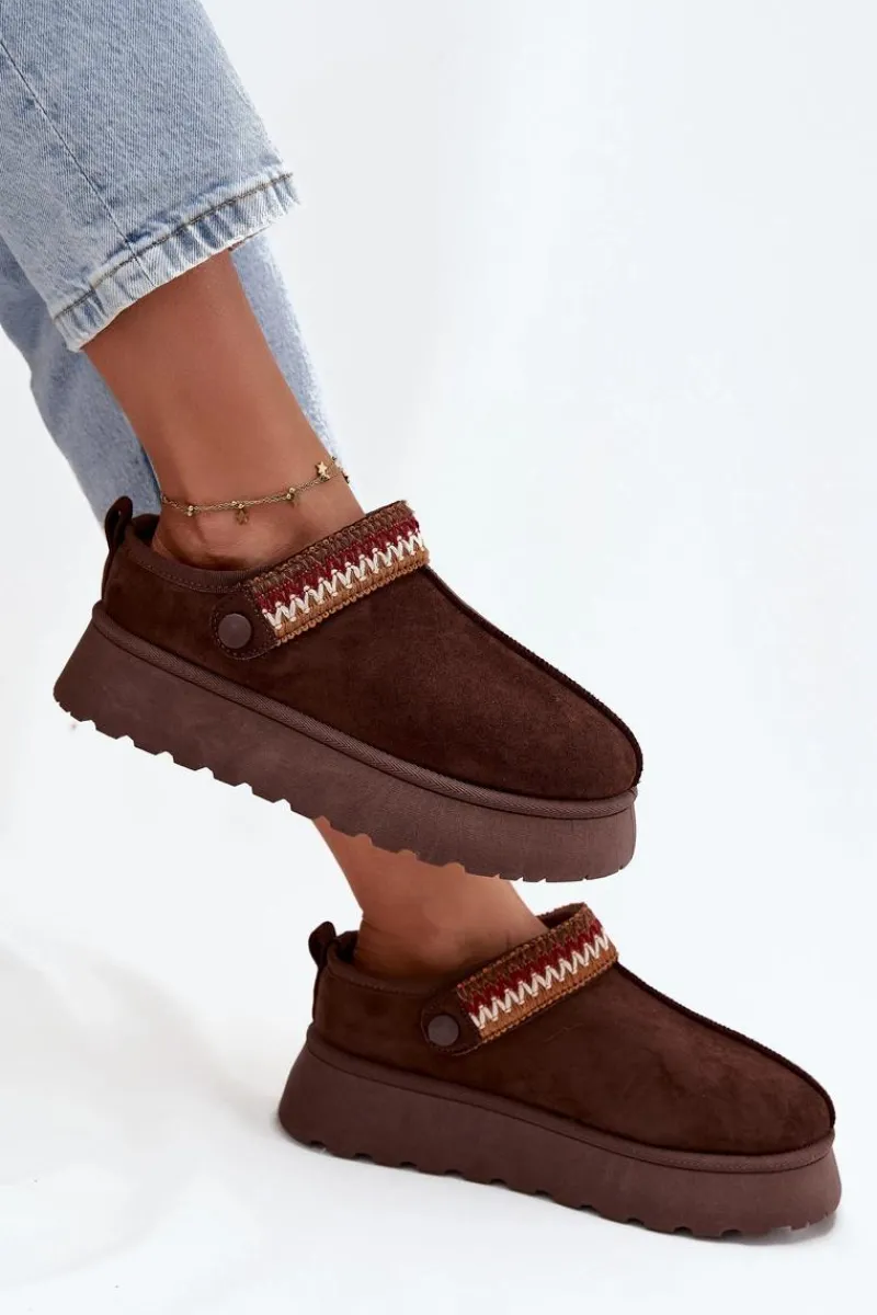 Śniegowce Damskie|Kapcie Klasyczne>Boto Śniegowce Damskie Niskie Z Ruchomym Paskiem I Haftem Na Platformie Czekoladowe Lyrisse