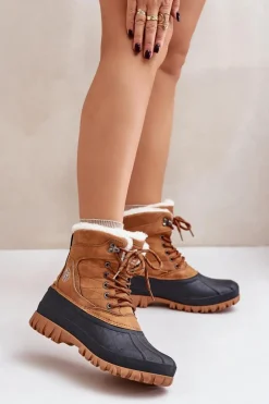 Sale Śniegowce Damskie Sznurowane Z Futerkiem LCJ-24-44-2869 Camel Damskie Śniegowce Damskie|Damskie Trapery
