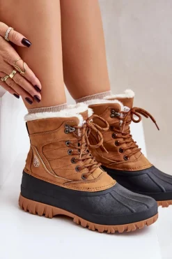Sale Śniegowce Damskie Sznurowane Z Futerkiem LCJ-24-44-2869 Camel Damskie Śniegowce Damskie|Damskie Trapery