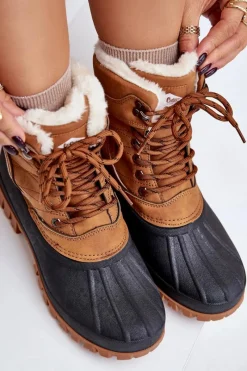 Sale Śniegowce Damskie Sznurowane Z Futerkiem LCJ-24-44-2869 Camel Damskie Śniegowce Damskie|Damskie Trapery