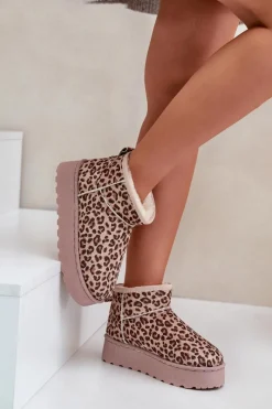 Śniegowce Damskie>Boto Śniegowce Damskie W Panterkę Na Platformie Ocieplane Futerkiem Brązowe Xamella Brązowy