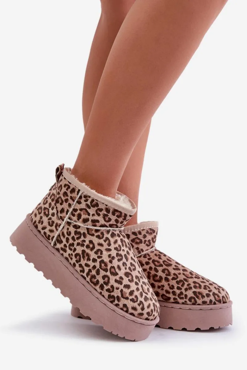 Śniegowce Damskie>Boto Śniegowce Damskie W Panterkę Na Platformie Ocieplane Futerkiem Brązowe Xamella Brązowy