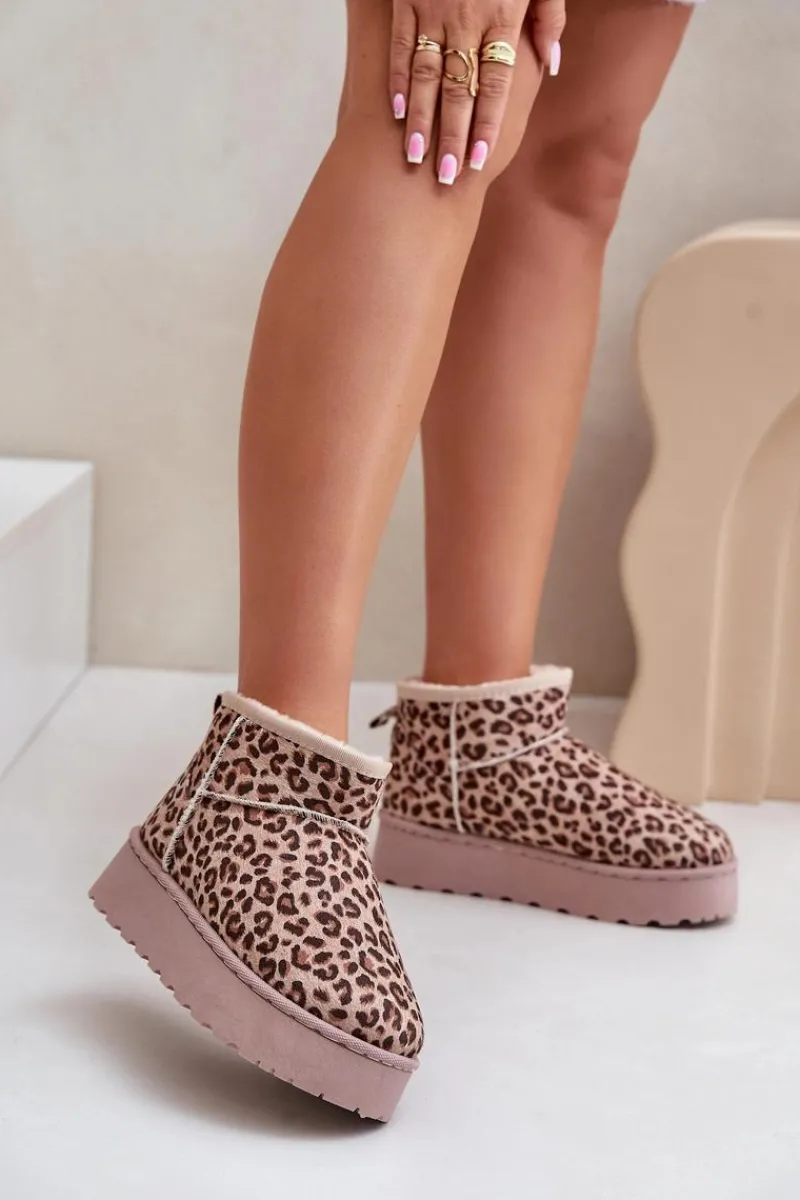 Śniegowce Damskie>Boto Śniegowce Damskie W Panterkę Na Platformie Ocieplane Futerkiem Brązowe Xamella Brązowy