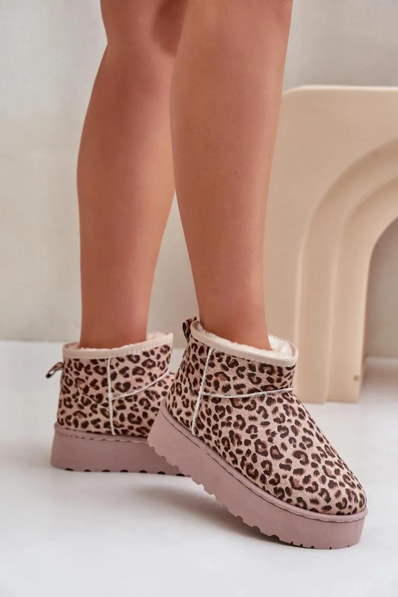Śniegowce Damskie>Boto Śniegowce Damskie W Panterkę Na Platformie Ocieplane Futerkiem Brązowe Xamella Brązowy