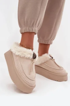 Śniegowce Damskie>Boto Śniegowce Damskie Z Futerkiem Na Platformie Beżowe Rosmira Beżowy