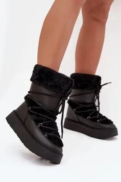 Śniegowce Damskie Z Futerkiem I Wiązaniem Na Platformie Czarne Marinna Damskie Śniegowce Damskie