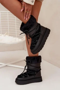 Śniegowce Damskie Z Futerkiem I Wiązaniem Na Platformie Czarne Marinna Damskie Śniegowce Damskie