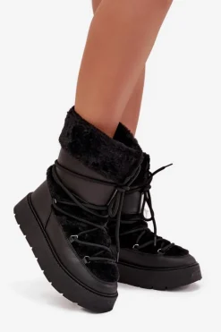 Śniegowce Damskie Z Futerkiem I Wiązaniem Na Platformie Czarne Marinna Damskie Śniegowce Damskie