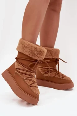Śniegowce Damskie>Boto Śniegowce Damskie Z Futerkiem I Wiązaniem Na Platformie Camel Marinna Brązowy