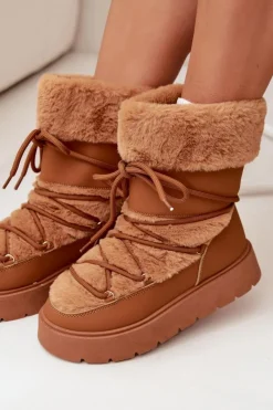 Śniegowce Damskie></noscript>Boto Śniegowce Damskie Z Futerkiem I Wiązaniem Na Platformie Camel Marinna Brązowy