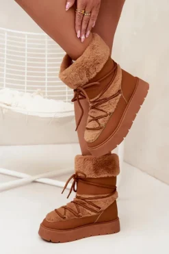 Śniegowce Damskie></noscript>Boto Śniegowce Damskie Z Futerkiem I Wiązaniem Na Platformie Camel Marinna Brązowy