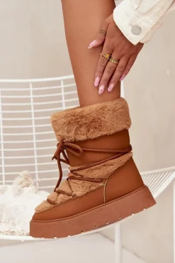 Śniegowce Damskie></noscript>Boto Śniegowce Damskie Z Futerkiem I Wiązaniem Na Platformie Camel Marinna Brązowy