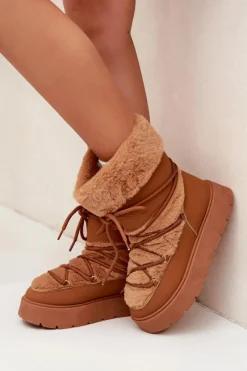 Śniegowce Damskie></noscript>Boto Śniegowce Damskie Z Futerkiem I Wiązaniem Na Platformie Camel Marinna Brązowy