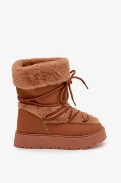 Śniegowce Damskie></noscript>Boto Śniegowce Damskie Z Futerkiem I Wiązaniem Na Platformie Camel Marinna Brązowy