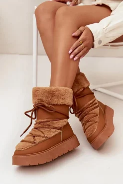 Śniegowce Damskie></noscript>Boto Śniegowce Damskie Z Futerkiem I Wiązaniem Na Platformie Camel Marinna Brązowy