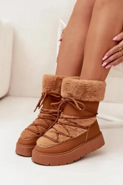 Śniegowce Damskie></noscript>Boto Śniegowce Damskie Z Futerkiem I Wiązaniem Na Platformie Camel Marinna Brązowy