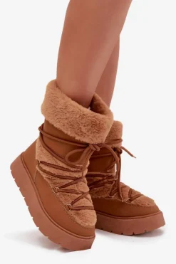 Śniegowce Damskie></noscript>Boto Śniegowce Damskie Z Futerkiem I Wiązaniem Na Platformie Camel Marinna Brązowy