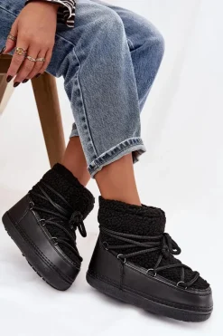 Śniegowce Damskie Z Futerkiem Typu Baranek Wiązane Czarne Belira Damskie Śniegowce Damskie