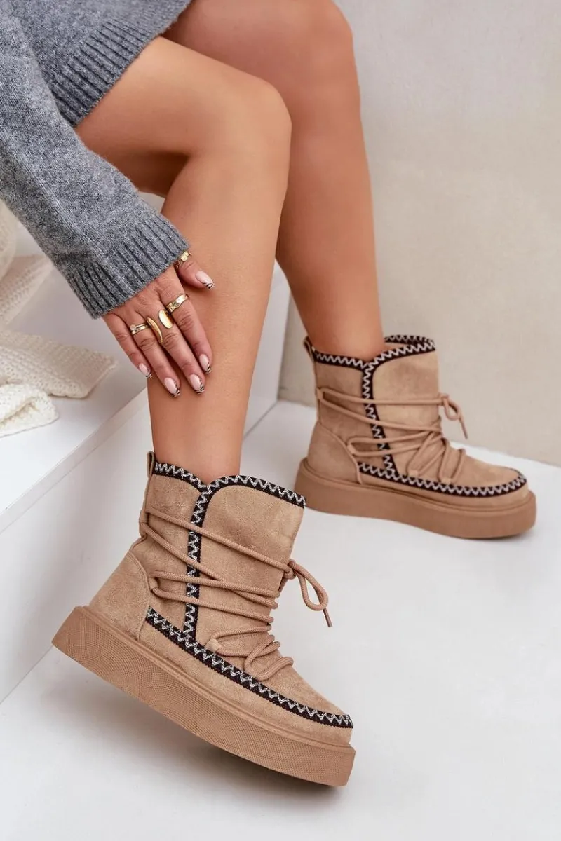 Outlet Boto Śniegowce Damskie Z Haftem Na Platformie Brązowe Naleris Brązowy