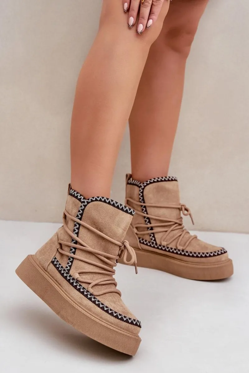 Outlet Boto Śniegowce Damskie Z Haftem Na Platformie Brązowe Naleris Brązowy