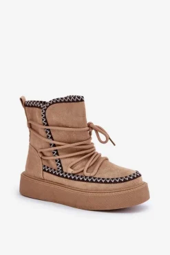 Outlet Boto Śniegowce Damskie Z Haftem Na Platformie Brązowe Naleris Brązowy