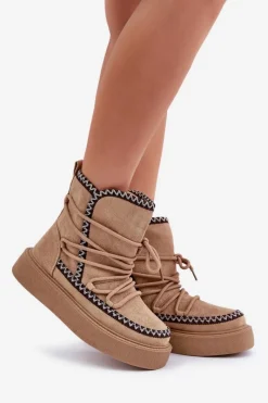 Outlet Boto Śniegowce Damskie Z Haftem Na Platformie Brązowe Naleris Brązowy