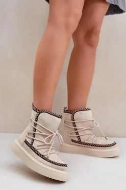 Śniegowce Damskie>Boto Śniegowce Damskie Z Haftem Na Platformie Jasnobeżowe Naleris Beżowy