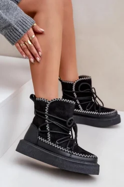 Discount Śniegowce Damskie Z Haftem Na Platformie Czarne Naleris Damskie Śniegowce Damskie