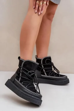 Discount Śniegowce Damskie Z Haftem Na Platformie Czarne Naleris Damskie Śniegowce Damskie