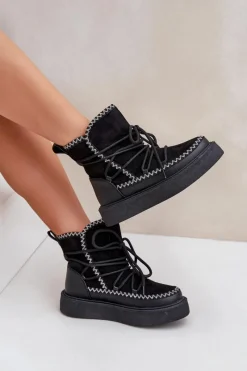 Discount Śniegowce Damskie Z Haftem Na Platformie Czarne Naleris Damskie Śniegowce Damskie