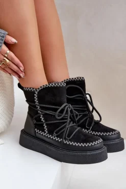 Discount Śniegowce Damskie Z Haftem Na Platformie Czarne Naleris Damskie Śniegowce Damskie