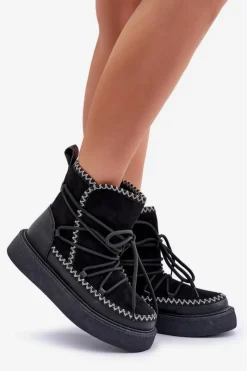 Discount Śniegowce Damskie Z Haftem Na Platformie Czarne Naleris Damskie Śniegowce Damskie