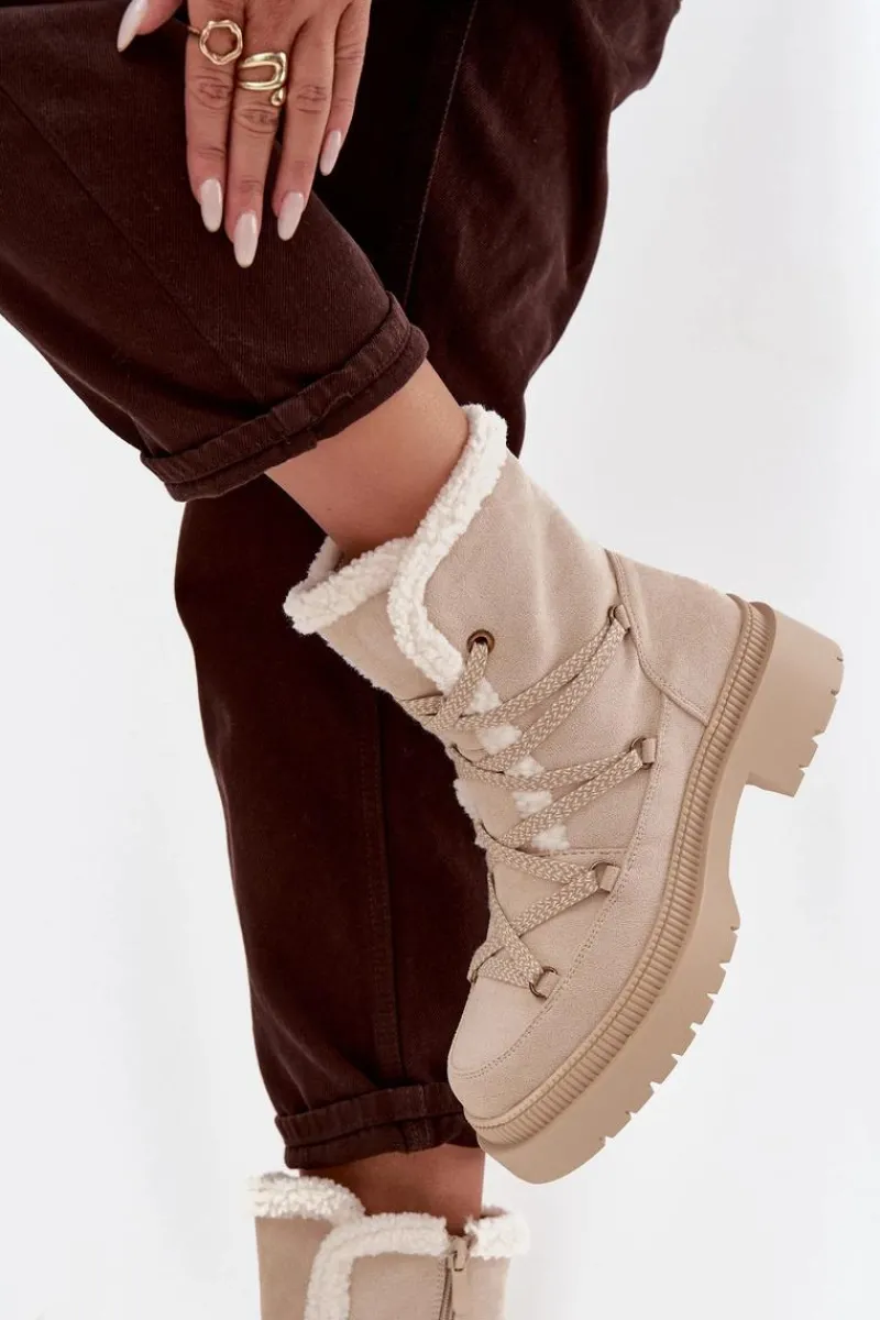 Śniegowce Damskie>Boto Śniegowce Damskie Z Kożuszkiem Beżowe Irmara Beżowy