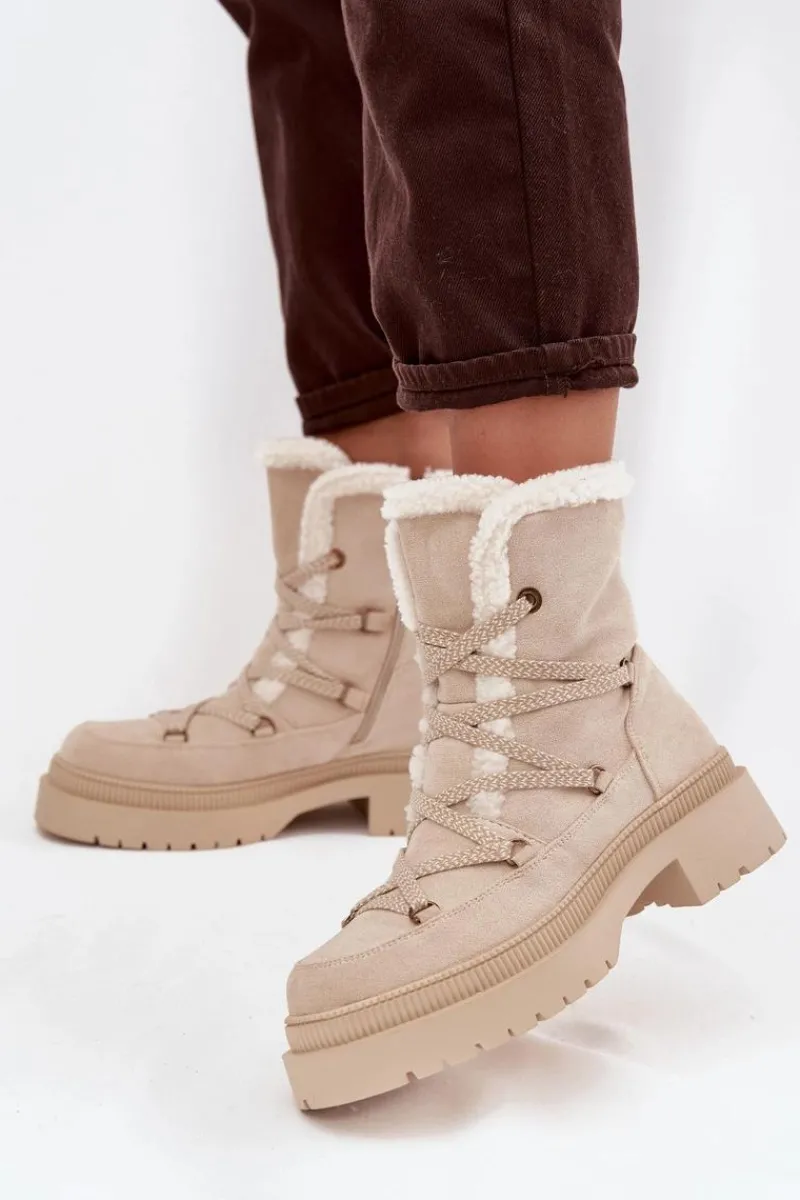 Śniegowce Damskie>Boto Śniegowce Damskie Z Kożuszkiem Beżowe Irmara Beżowy