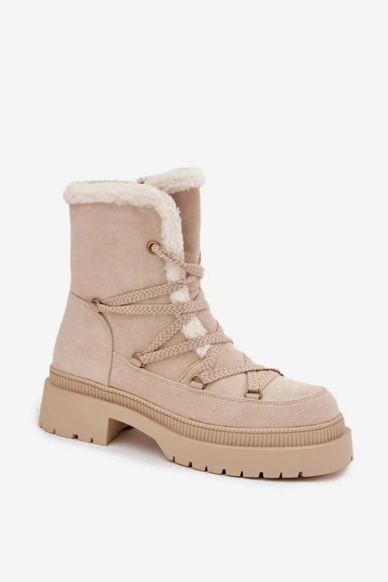 Śniegowce Damskie>Boto Śniegowce Damskie Z Kożuszkiem Beżowe Irmara Beżowy