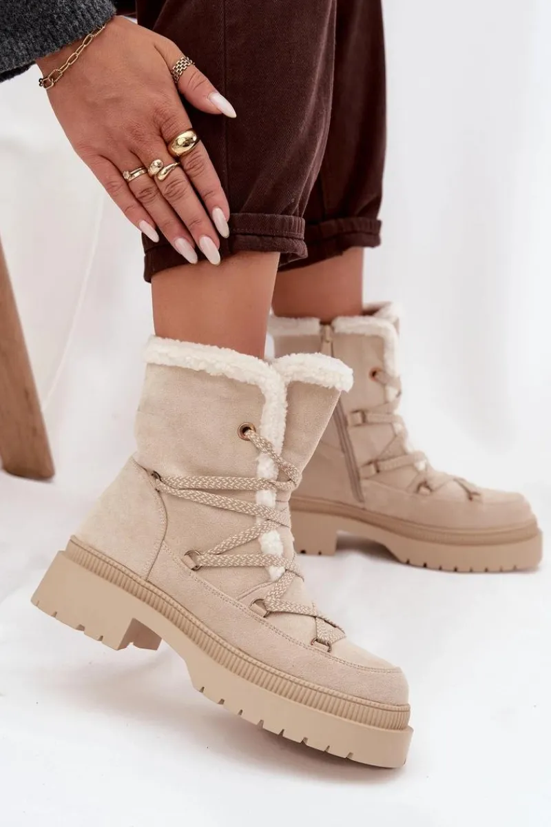 Śniegowce Damskie>Boto Śniegowce Damskie Z Kożuszkiem Beżowe Irmara Beżowy