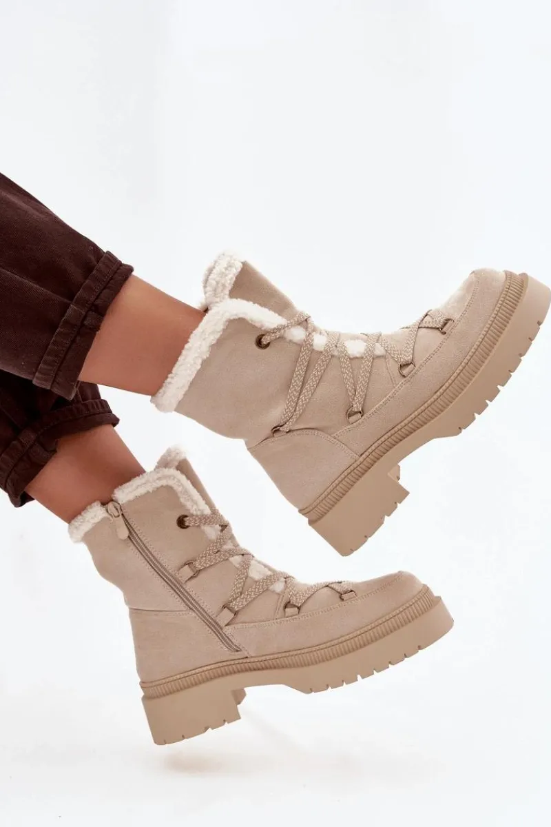 Śniegowce Damskie>Boto Śniegowce Damskie Z Kożuszkiem Beżowe Irmara Beżowy