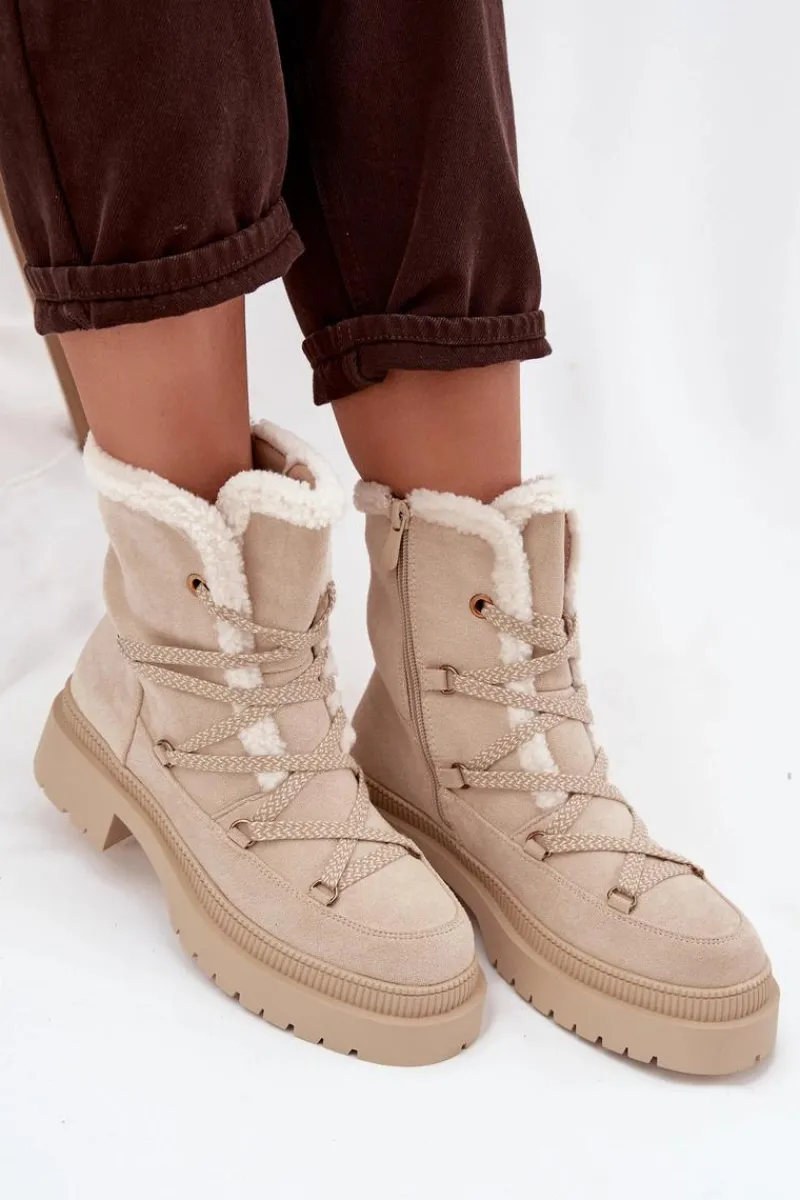 Śniegowce Damskie>Boto Śniegowce Damskie Z Kożuszkiem Beżowe Irmara Beżowy