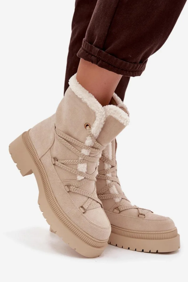 Śniegowce Damskie>Boto Śniegowce Damskie Z Kożuszkiem Beżowe Irmara Beżowy