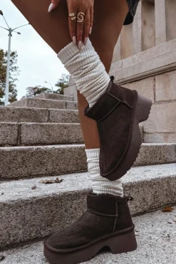 New Boto Śniegowce Damskie Z Naturalnego Zamszu Ocieplane Futerkiem Czekoladowe Milora Brązowy