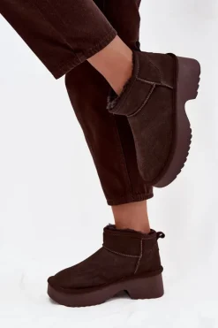 New Boto Śniegowce Damskie Z Naturalnego Zamszu Ocieplane Futerkiem Czekoladowe Milora Brązowy